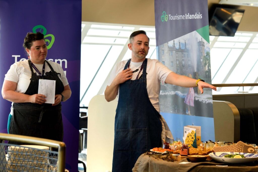 Seáneen Sullivan (left) and Anthony O’Toole, both Taste Wexford, serving delicious Wexford produce to guests attending a networking lunch event on board Irish Ferries’ W.B. Yeats ship in Cherbourg, organised by Tourism Ireland.