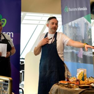 Seáneen Sullivan (left) and Anthony O’Toole, both Taste Wexford, serving delicious Wexford produce to guests attending a networking lunch event on board Irish Ferries’ W.B. Yeats ship in Cherbourg, organised by Tourism Ireland.